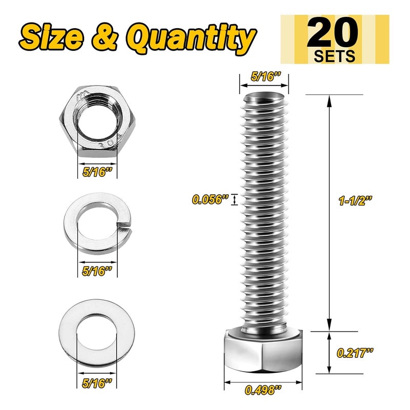 MYWISH (20 Sets) 5/16-18x1-1/2 Hex Head Stainless Steel Bolts and Nuts with Flat & Lock Washers, 304 Stainless Steel 18-8, Fully Threaded, 5/16 Bolt - Image 2